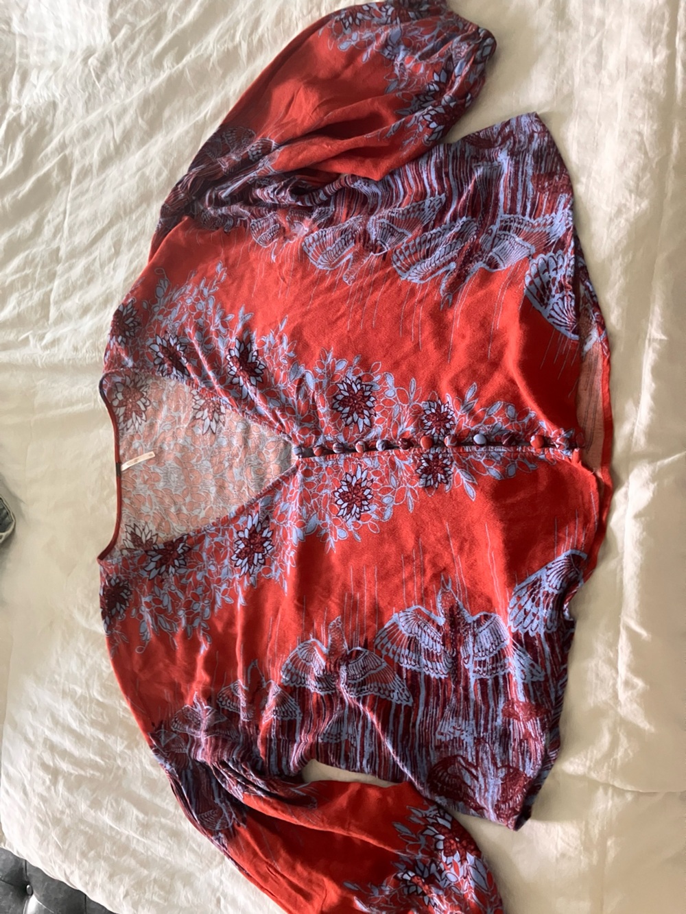 Free People Red Floral Boho Festival V-Neck Button Front Blouse